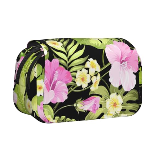 YXDVPALNE Tropische rosa Blumen und Dschungelpalmen Doppeltes Clamshell-Stifteetui, tragbares Bleistiftetui mit Reißverschluss von YXDVPALNE