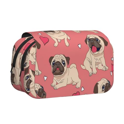 YXDVPALNE Valentinstag Herz Mops Hund Doppeltes Clamshell-Stifteetui, tragbares Bleistiftetui mit Reißverschluss von YXDVPALNE