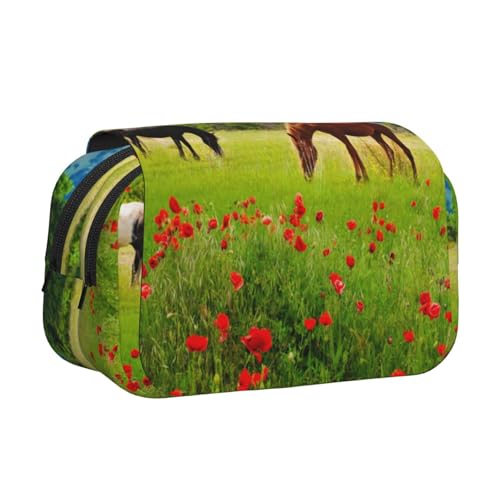 YXDVPALNE Verschiedene Arten von Pferden Doppeltes Clamshell-Stifteetui, tragbares Bleistiftetui mit Reißverschluss von YXDVPALNE