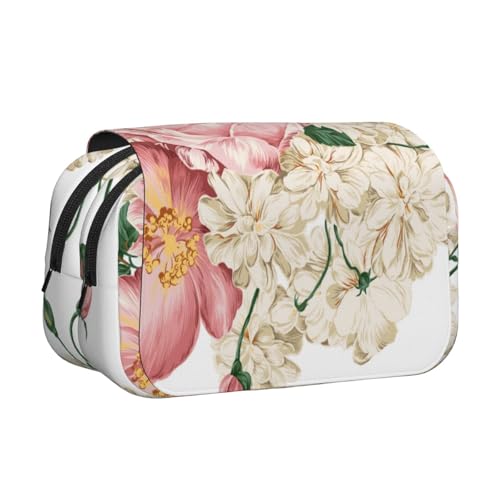 YXDVPALNE Vintage Blumen Weiß Doppeltes Clamshell-Stifteetui, tragbares Bleistiftetui mit Reißverschluss von YXDVPALNE