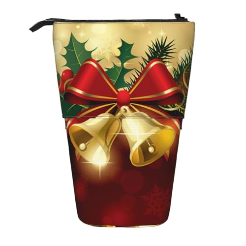 YXDVPALNE Weihnachten, Rotes Band, Gold, Glocken, Teleskop-Federmäppchen, Ständer-Federmäppchen mit Reißverschluss-Stiftetasche von YXDVPALNE