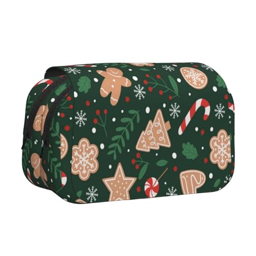 YXDVPALNE Weihnachten Candy Cane Lebkuchen auf grünem Hintergrund Doppeltes Clamshell-Stifteetui, tragbares Bleistiftetui mit Reißverschluss von YXDVPALNE