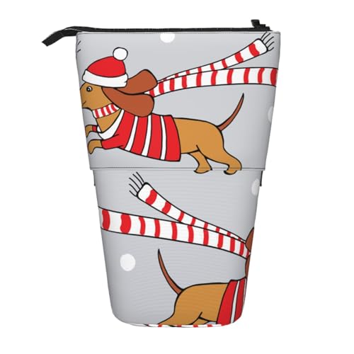 YXDVPALNE Weihnachten Cartoon Hund Dackel, Teleskop-Federmäppchen, Ständer-Federmäppchen mit Reißverschluss-Stiftetasche von YXDVPALNE