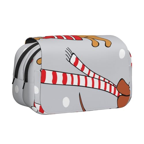 YXDVPALNE Weihnachten Cartoon Hund Dackel Doppeltes Clamshell-Stifteetui, tragbares Bleistiftetui mit Reißverschluss von YXDVPALNE