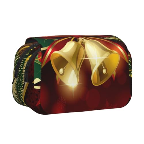 YXDVPALNE Weihnachten Rotes Band Goldglocken Doppeltes Clamshell-Stifteetui, tragbares Bleistiftetui mit Reißverschluss von YXDVPALNE