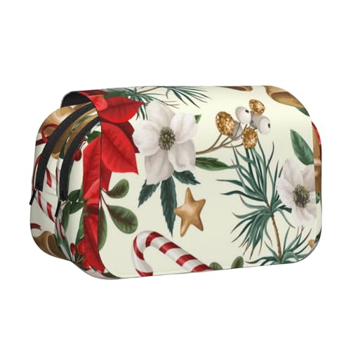 YXDVPALNE Weihnachtsstern Blumen Weihnachtsglocke Doppeltes Clamshell-Stifteetui, tragbares Bleistiftetui mit Reißverschluss von YXDVPALNE