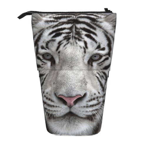 YXDVPALNE Winterweißer Tiger, Teleskop-Federmäppchen, Ständer-Federmäppchen mit Reißverschluss-Stiftetasche von YXDVPALNE