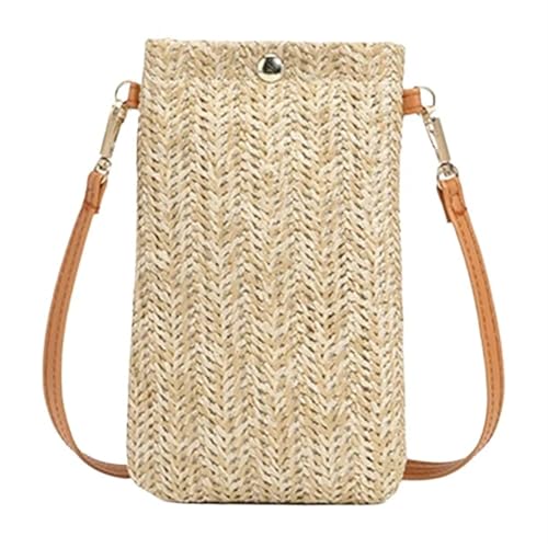 YXINAER Geldbörse Damen Diagonal Stroh Gewebt Handy Clutch Tasche Sommer Strand Reise Weibliche Mini Kartenhalter Handy Umhängetasche(Khaki With Snap) von YXINAER