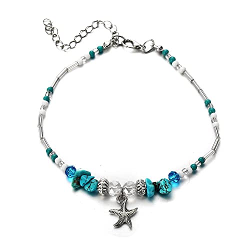 YXRRVING Böhmische Muschel Seestern Fußkettchen für Frauen Kristall Perlen Knöchel Armband Strand Strand Kette Q7M8 Fuß Armband Sommer Schmuck Charme, 2.36 inch, Kristall Metall Acryl von YXRRVING