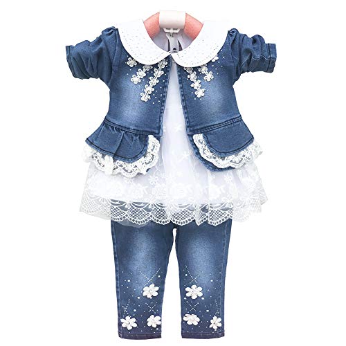 YYA 6M-4J Baby Mädchen Jeans 3-teiliger Anzug bestickter Spitzenrock Jeansjacke und Jeans(Weiß,3-4J) von YYA