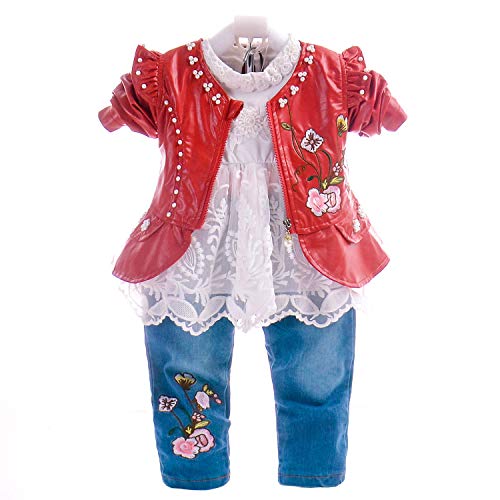 YYA Baby kleidung Baby Outfit Mädchen Babykleidung Set 3tlg Langarm T-Shirt Lederjacke und Jeanshose Weiche Babyset 6Monate-4Jahre (1-2J, Rot-Blume) von YYA