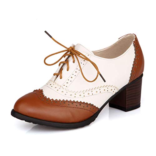 YYCHER Damen Vintage Leder Oxfords Brogue Budapester Schnürschuh Chunky High Heel Schuhe Kleid Pumps (Farbe: Braun, Größe: 38) von YYCHER