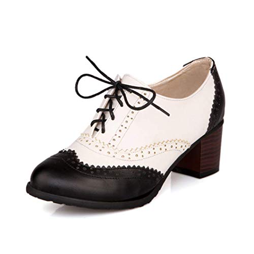 YYCHER Damen Vintage Leder Oxfords Brogue Budapester Schnürschuh Chunky High Heel Schuhe Kleid Pumps (Farbe: Schwarz, Größe: 39) von YYCHER