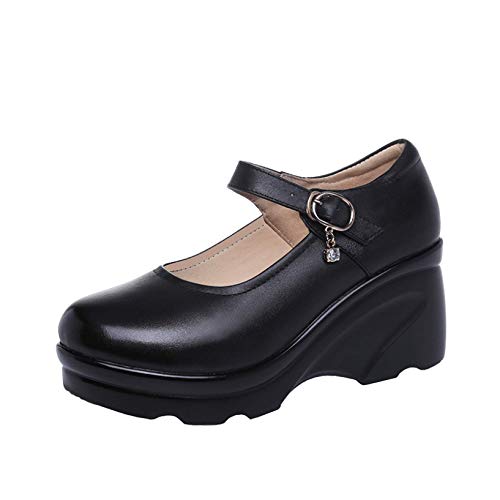 YYCHER Mary Jane Damen Schuhe mit rundem Zehenbereich, Oxford, Schnalle, Keilabsatz, High Heel, Büro, elegante Schuhe (Farbe: Schwarz, 8 cm Absatz, Größe: 45) von YYCHER