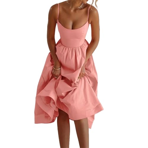 YYDPYZBD Damenkleid Frauen Sommer Ärmellose Midi Kleid Quadratische Nacken Niedrig Geschnitten-rosa-s von YYDPYZBD