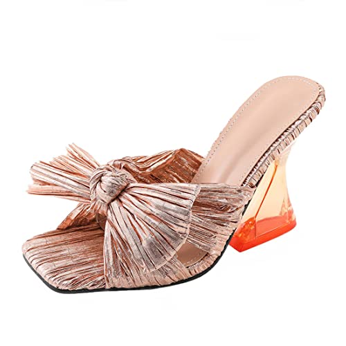 YYF Damen Satin Schleife Dicke High Heels Pantoletten Sandalen Open Toe Rückenfreies Kleid Sexy Party Hochzeit Schuhe Pantoffel Slides von YYF