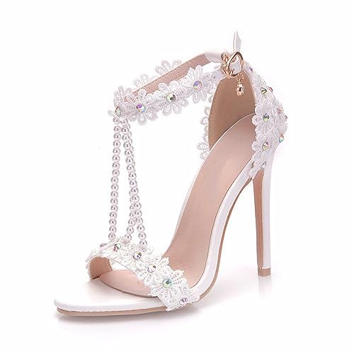 YYF Damen Klassische bestickte High Heels Sandalen Frauen 4.3inch/11cm Absatz Pump Hochzeit Brautjungfer Blume Regenbogen Perle Kleid Schuhe Party Geburtstag Prinzessin Stilletos Heels Schuhe von YYF