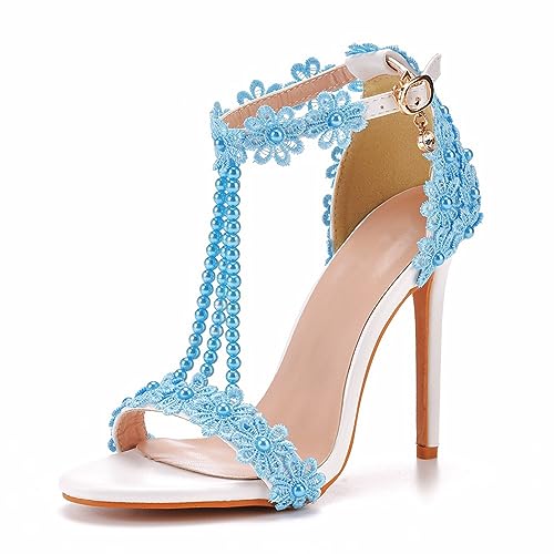 YYF Damen Klassische bestickte High Heels Sandalen Frauen 4.3inch/11cm Absatz Pump Hochzeit Brautjungfer Blume Regenbogen Perle Kleid Schuhe Party Geburtstag Prinzessin Stilletos Heels Schuhe von YYF