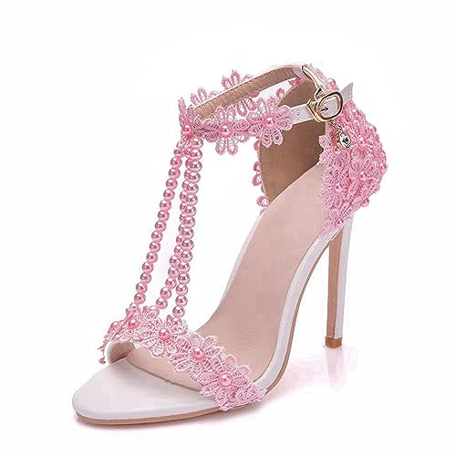 Damen Klassische bestickte High Heels Sandalen Frauen 4.3inch/11cm Absatz Pump Hochzeit Brautjungfer Blume Regenbogen Perle Kleid Schuhe Party Geburtstag Prinzessin Stilletos Heels Schuhe von YYF