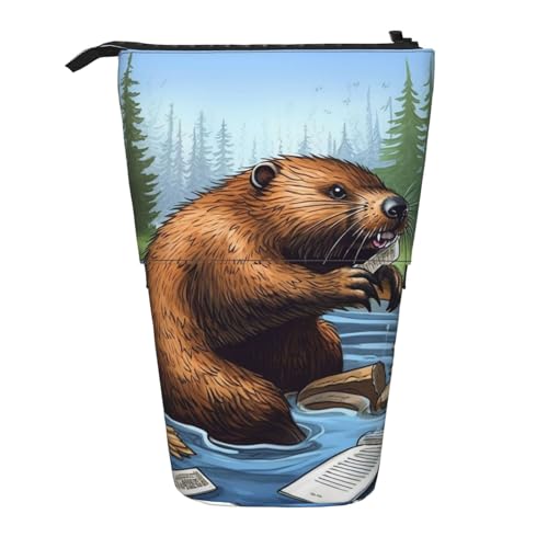 YYGGWL Busy Beaver Federmäppchen mit Cartoon-Druck, Teleskop-Stiftetui, Stehender Pop-Up-Bleistifthalter, Stiftetasche für Büro, Schwarz , Einheitsgröße, Münzfach von YYGGWL