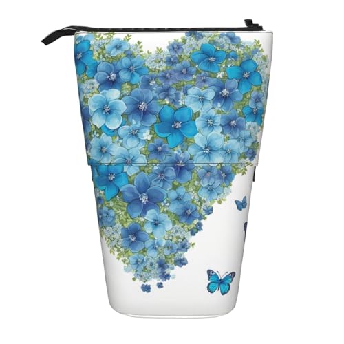 YYGGWL Federmäppchen, Motiv: blaue Blumen mit Liebe, Herzform, Teleskop-Stiftetui, Stehender Pop-Up-Bleistifthalter, Stiftetasche für Büro, Schwarz , Einheitsgröße, Münzfach von YYGGWL