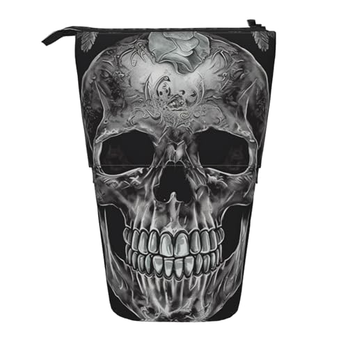 YYGGWL Federmäppchen mit Totenkopf-Skelett-Druck, Teleskop-Stifttasche, stehend, Pop-Up-Stiftehalter, Stiftetasche für Büro, Schwarz , Einheitsgröße, Münzfach von YYGGWL