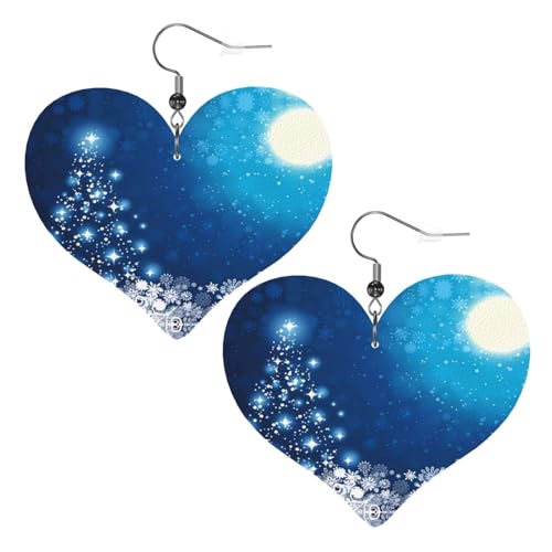 Blaue Weihnachts-Schneeflocken-Drucke, Leder-Herz-Ohrringe, Anhänger, stilvoll und leicht, baumelnd für Damen und Mädchen, Einheitsgröße, Leder, ohne Edelstein von YYHHAOFA