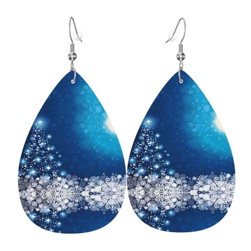 Blaue Weihnachtsschneeflocken-Drucke, Leder-Tropfen-Ohrringe, Anhänger, stilvoll und leicht, baumelnd für Damen und Mädchen, Einheitsgröße, Leder, ohne Edelstein von YYHHAOFA