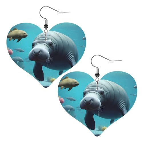 Crazy Save Manatee Muster Leder Herz Ohrringe Anhänger stilvoll und schön leicht baumeln für Frauen Mädchen, Einheitsgröße, Leder von YYHHAOFA