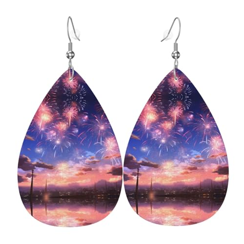 Feuerwerk Sky Prints Leder Tropfenform Ohrringe Anhänger Stilvoll und leicht leicht baumeln für Frauen Mädchen Einheitsgröße Leder ohne Edelstein von YYHHAOFA
