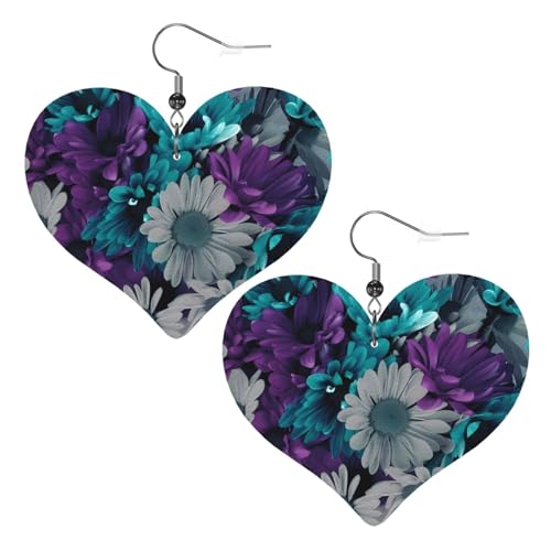 Herz-Ohrringe aus Leder, mit violetten und blaugrünen Blumen, stilvoll und schön, leicht, baumelnd für Damen und Mädchen, Einheitsgröße, Leder von YYHHAOFA