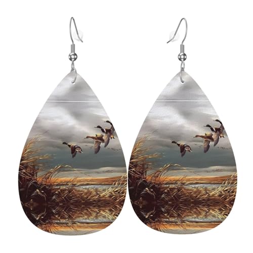 Jagd fliegende wilde Enten Drucke Leder Tropfenform Ohrringe Anhänger stilvoll und leicht baumeln für Frauen Mädchen Einheitsgröße Leder ohne Edelstein von YYHHAOFA