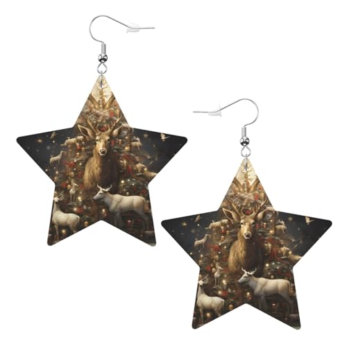 Kuh Hirsch Baum Weihnachtsdruck Leder Stern Ohrringe Anhänger stilvoll und leicht leicht baumeln für Frauen Mädchen Einheitsgröße Leder ohne Edelstein von YYHHAOFA