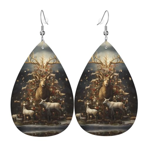 Kuh Hirsch Baum Weihnachtsdruck Leder Tropfen Ohrringe Anhänger Stilvoll und leicht leicht baumeln für Frauen Mädchen Einheitsgröße Leder ohne Edelstein von YYHHAOFA