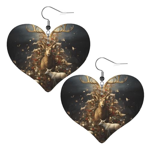 Kuh-Hirschbaum, Weihnachtsdruck, Leder-Herz-Ohrringe, Anhänger, stilvoll und leicht, baumelnd für Damen und Mädchen, Einheitsgröße, Leder, ohne Edelstein von YYHHAOFA