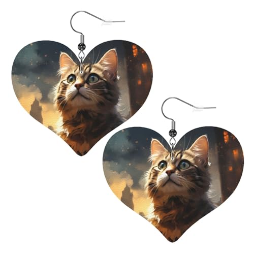 Leder-Herz-Ohrringe mit Katzenmuster, stilvoll und schön, leicht, baumelnd für Damen und Mädchen, Einheitsgröße, Leder von YYHHAOFA