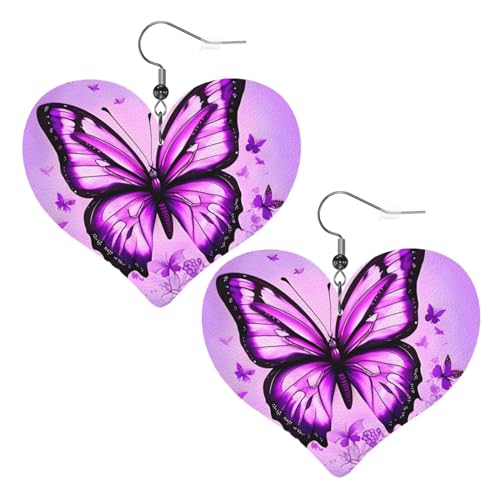 Lila Schmetterling Bild Leder Herz Ohrringe Anhänger stilvoll und schön leicht baumeln für Frauen Mädchen, Einheitsgröße, Leder von YYHHAOFA