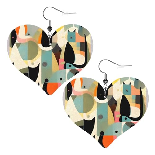 Moderne Kunst Katze Drucke Leder Herz Ohrringe Anhänger Stilvoll und leicht leicht baumeln für Frauen Mädchen Einheitsgröße Leder ohne Edelstein von YYHHAOFA
