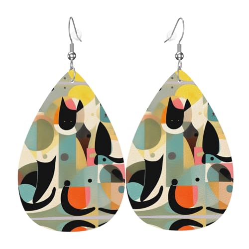 Moderne Kunst Katze Drucke Leder Tropfenform Ohrringe Anhänger Stilvoll und leicht baumeln für Frauen Mädchen Einheitsgröße Leder ohne Edelstein von YYHHAOFA