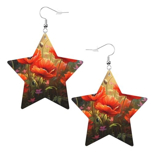 Mohnblumen in Bloom Prints Leder Stern Ohrringe Anhänger Stilvoll und leicht leicht baumeln für Frauen Mädchen Einheitsgröße Leder ohne Edelstein von YYHHAOFA