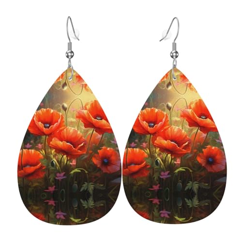 Mohnblumen in Bloom Prints Leder Tropfenform Ohrringe Anhänger Stilvoll und leicht leicht baumeln für Frauen Mädchen Einheitsgröße Leder ohne Edelstein von YYHHAOFA
