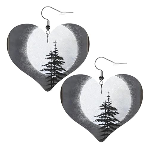 Moon Pine Tree Prints Leder Herz Ohrringe Anhänger Stilvoll und leicht leicht baumeln für Frauen Mädchen Einheitsgröße Leder ohne Edelstein von YYHHAOFA