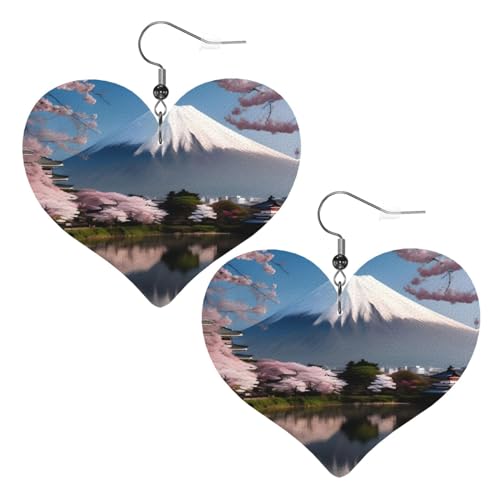 Mt. Fuji im Frühjahrsbild, Leder-Herz-Ohrringe, Anhänger, stilvoll und schön, leicht, baumelnd für Damen und Mädchen, Einheitsgröße, Leder von YYHHAOFA