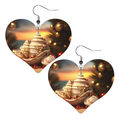 Muschel-Weihnachts-Drucke, Leder-Herz-Ohrringe, Anhänger, stilvoll und leicht, baumelnd für Damen und Mädchen, Einheitsgröße, Leder, ohne Edelstein von YYHHAOFA