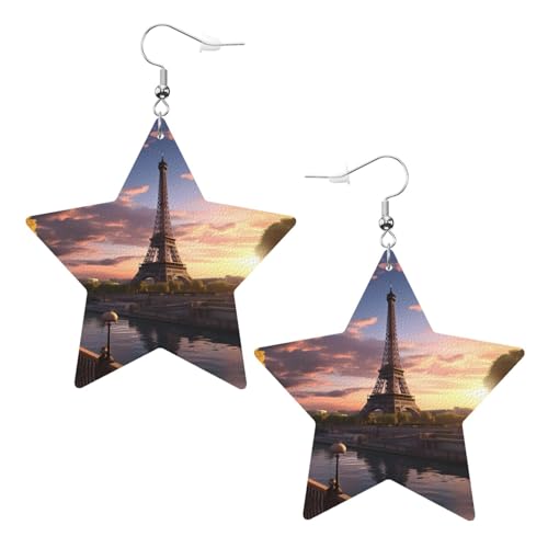 Paris Eiffelturm Frankreich Bild Leder Stern Ohrringe Anhänger stilvoll und schön leicht baumeln für Frauen Mädchen, Einheitsgröße, Leder von YYHHAOFA