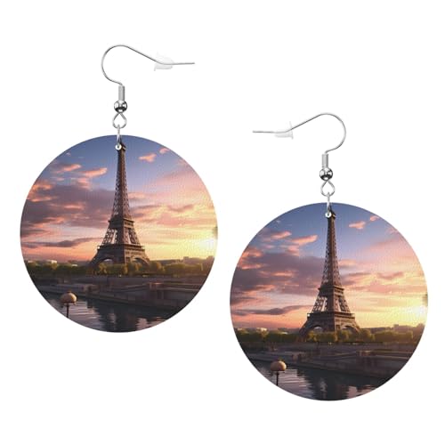 Paris Eiffelturm Frankreich Bild Leder runde Ohrringe Anhänger stilvoll und schön leicht baumeln für Frauen Mädchen, Einheitsgröße, Leder von YYHHAOFA