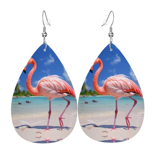 Rosa Flamingo am Strand, Leder-Tropfen-Ohrringe, Anhänger, stilvoll und schön, leicht, baumelnd für Damen und Mädchen, Einheitsgröße, Leder von YYHHAOFA