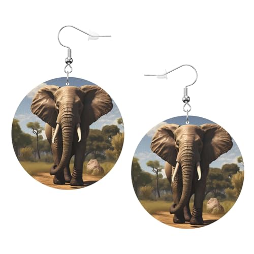 Runde Ohrringe aus Leder mit afrikanischem Elefanten-Muster, stilvoll und schön, leicht, baumelnd für Damen und Mädchen, Einheitsgröße, Leder von YYHHAOFA