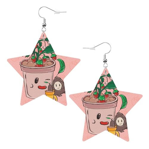 Sonnenblumenkerne und Erdbeeren-Drucke, Leder-Stern-Ohrringe, Anhänger, stilvoll und leicht, baumelnd für Damen und Mädchen, Einheitsgröße, Leder, ohne Edelstein von YYHHAOFA