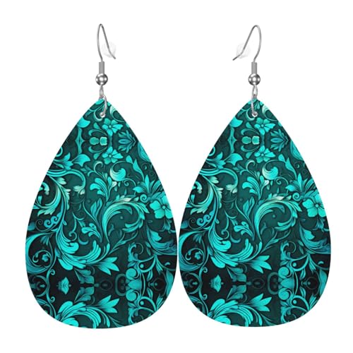 Türkis Muster Drucke Leder Tropfenform Ohrringe Anhänger Stilvoll und leicht leicht baumeln für Frauen Mädchen Einheitsgröße Leder ohne Edelstein von YYHHAOFA
